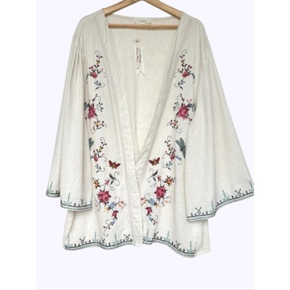 Solitaire Cream Linen Blend Embroidered Floral Butterfly Kimono Cardigan plus 2X - Picture 2 of 13